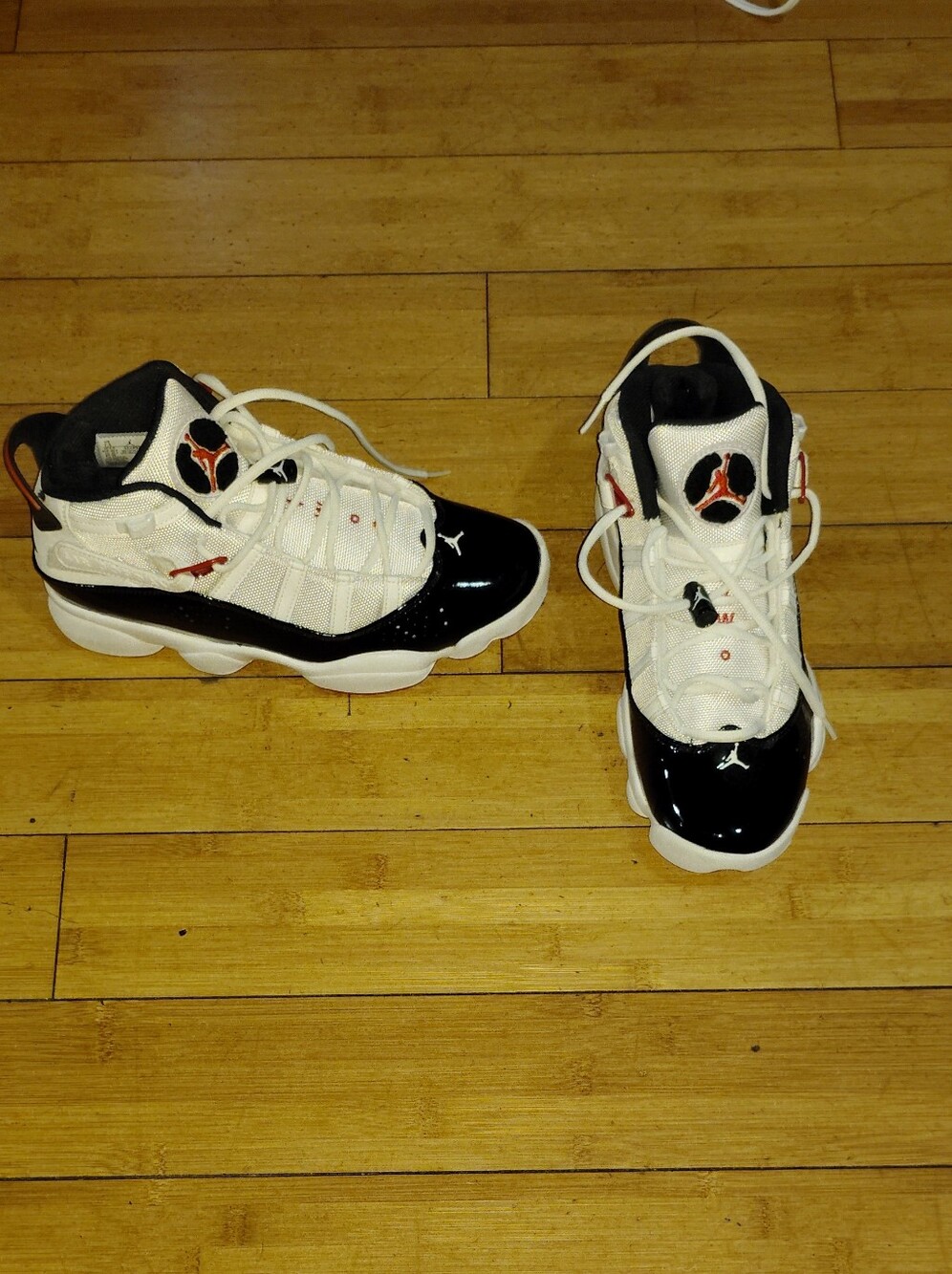 Nike Air Jordan 6 Rings Chicago Bulls White With Black Patent Sneakers Sz 7.5